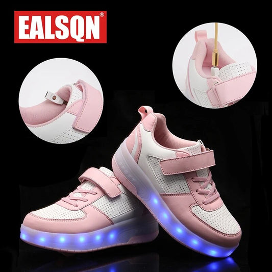 Children’s Two Wheels Luminous Glowing Sneakers Heels Pink Led Light Roller Skate Shoes Kids Led Shoes Boys Girls USB Charging