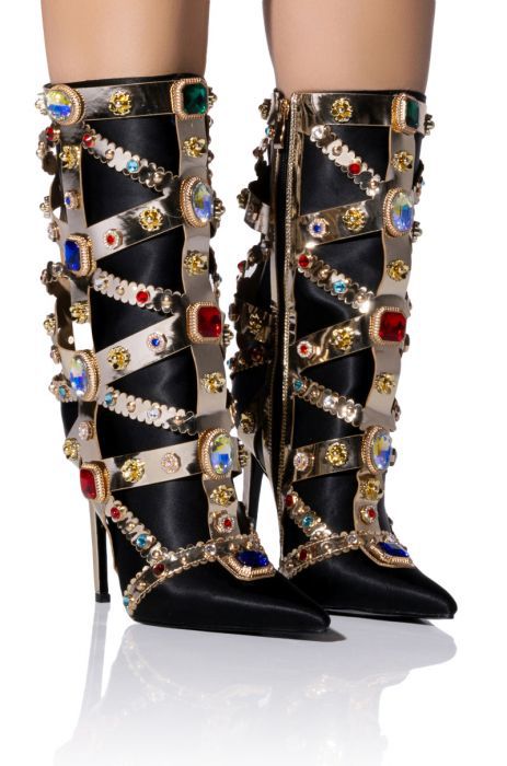 Luxurious Gemstone-embellished Mid Calf Boots Women Fashion Satin Short Boots Ladies Sexy Pointed-toe shoes