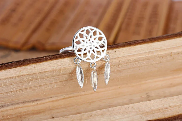 925 Sterling Silver Rings For Women Dreamcatcher Feather Tassel Resizable Rings Fine Jewelry Bague anillos S-R211