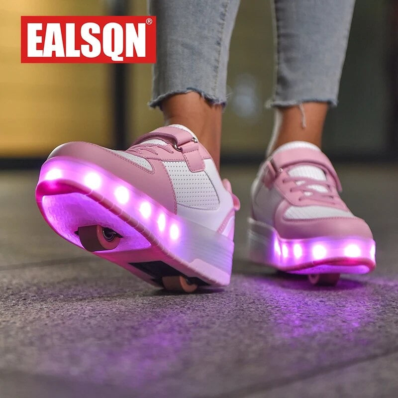 Children’s Two Wheels Luminous Glowing Sneakers Heels Pink Led Light Roller Skate Shoes Kids Led Shoes Boys Girls USB Charging