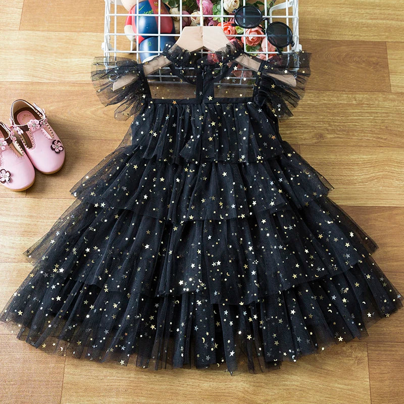 Summer Girls Ruffle Princess Dresses Sequin Shiny Cake KidsTulle A-Line Cloth 3-8 Years Children Elegant Birthday Mesh Costume