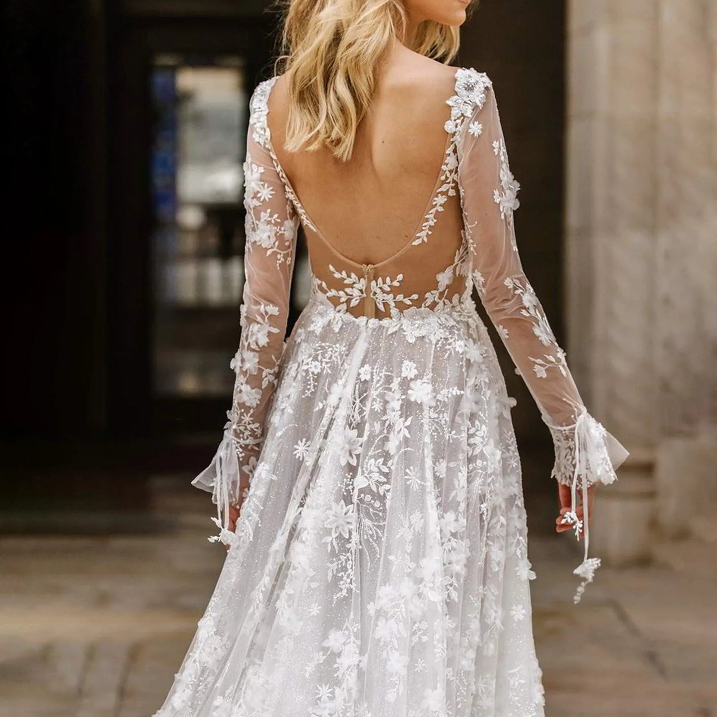 2024 Summer Women Maxi Party Dress Elegant Deep V Neck Mesh Long Sleeve Lace White Backless Wedding Evening Dress Celebrity Gown