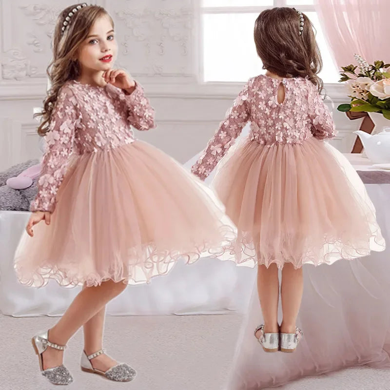 Flower Princess Dress For Girls Winter Long Sleeve Princess Party Tutu Christmas Costume Kids Children 2-7 Year Casual Clothes