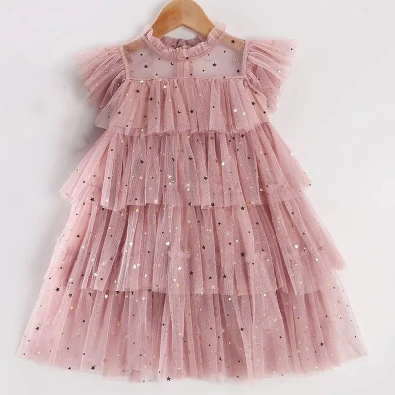 Summer Girls Ruffle Princess Dresses Sequin Shiny Cake KidsTulle A-Line Cloth 3-8 Years Children Elegant Birthday Mesh Costume