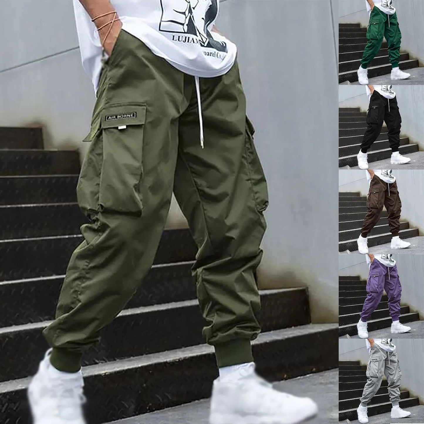 New Men's Casual Jogging Cargo Pants Solid Drawstring Sports Pants WIth Pockets Men Trousers Streetwear Hip-Hop Halen Pants