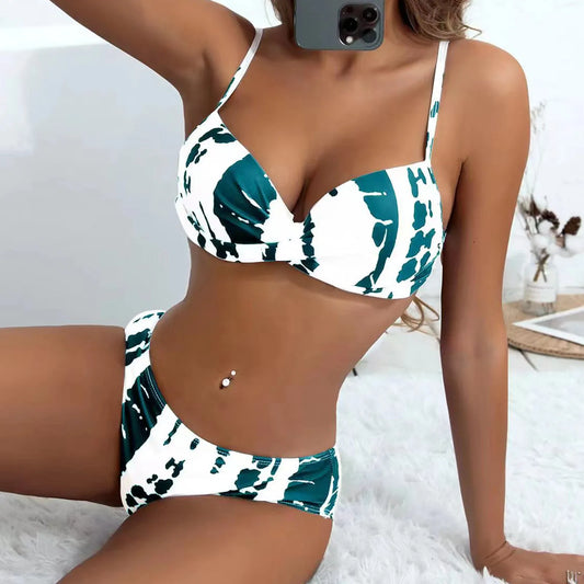 2024 New Tie Dyed Swimwear Women Sexy Bandage Bikini Set Push Up Brazilian Swimsuit Summer Beachwear Ruched Chest Pad Beachwear