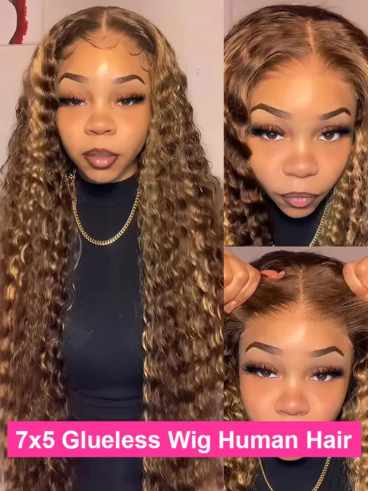 30in Pre Cut Glueless Preplucked Human Wigs Ready to Go Highlight Ombre Curly Deep Wave 13x4 Glueless HD Lace Frontal Wigs 4/27