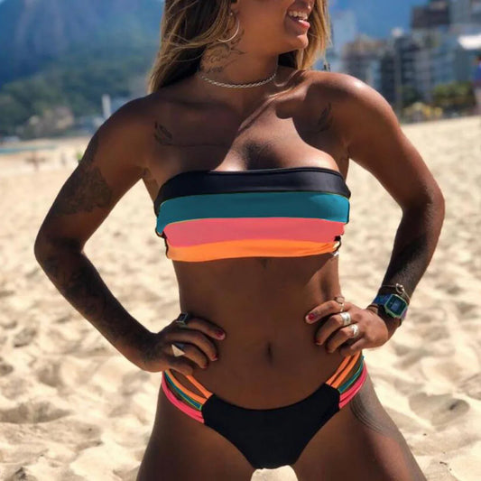 2023 New Bikini Swimsuit Women Swimwear Colored Stripes Bikini Set Push-up Padded Bra Bathing Beachwear Female Brazilian Biquini