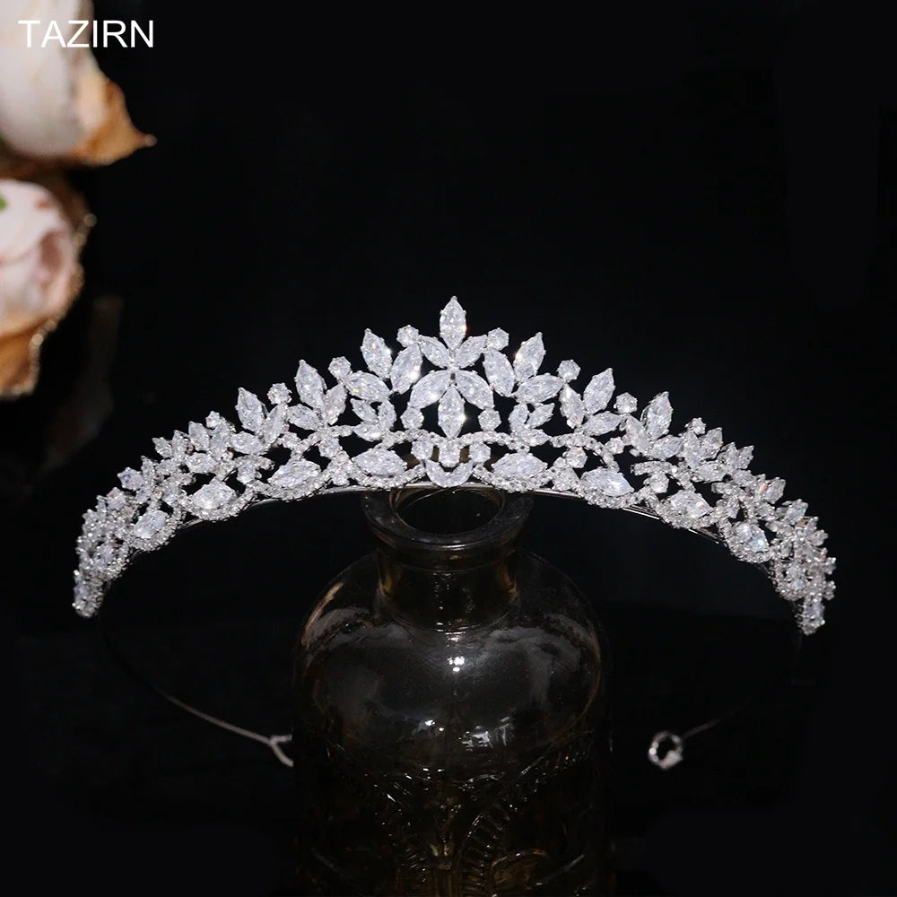 TAZIRN Small Floral Wedding Bride Crowns Cubic Zirconia Tiaras Handmade CZ Bridal Headdress Prom Birthday Party Hair Accessories