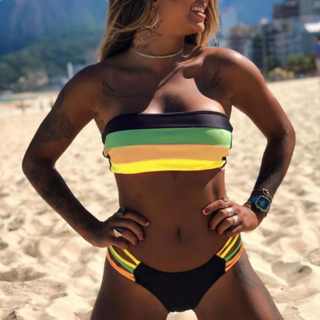 2023 New Bikini Swimsuit Women Swimwear Colored Stripes Bikini Set Push-up Padded Bra Bathing Beachwear Female Brazilian Biquini