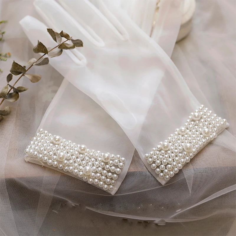 Bridal pearl retro wedding gloves versatile wedding dress party accessories aesthetical mesh short photo accessories