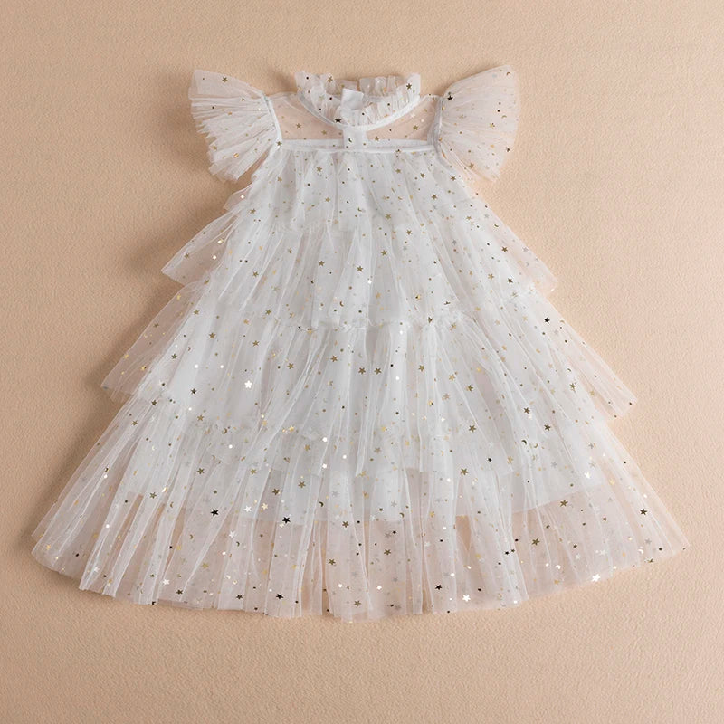 Summer Girls Ruffle Princess Dresses Sequin Shiny Cake KidsTulle A-Line Cloth 3-8 Years Children Elegant Birthday Mesh Costume