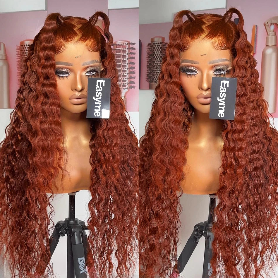 Reddish Brown Deep Wave 13x6 HD Lace Frontal Wig Remy Pre Plucked Colored Water Curly 13x4 Lace Front Human Hair Wigs For Women