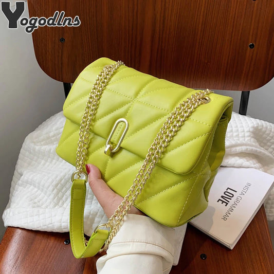 Kiwi Green Summer PU Leather Flap Crossbody Bags For Women Luxury Solid Color Shoulder Handbags Chain Purses