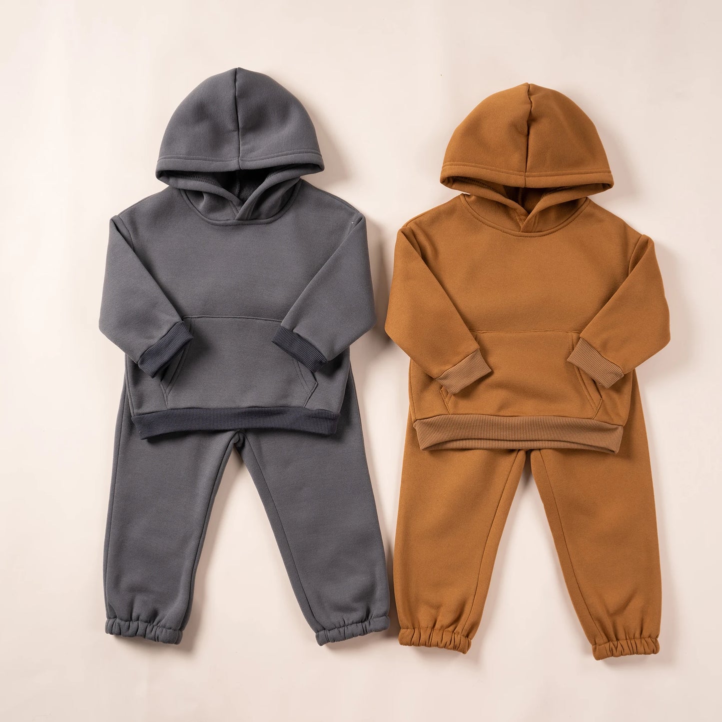 2023 Winter Children Hooded Tracksuits Suits 0-6Y Toddler Boys Girls Clothing Suit Solid Plush Sweater and Sports Pants Set