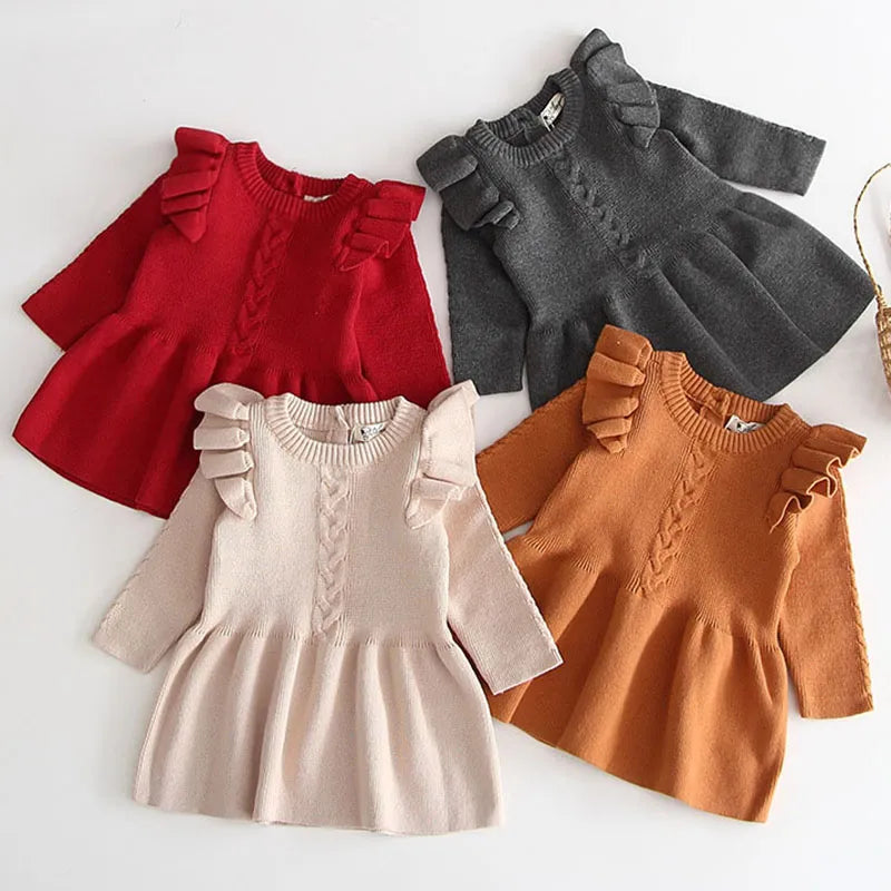 Spring and Autumn Girls' Knitted Loose Bald Sweater Thin Dress Preschool Soft Long Sleeve Dress Baby Christmas Dress