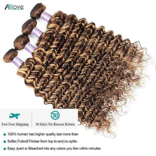 Allove Highlight Bundles With Closure Deep Wave Human Hair Bundles With 4x4 Transparent Lace Closure Ombre Honey Brown Remy Hair