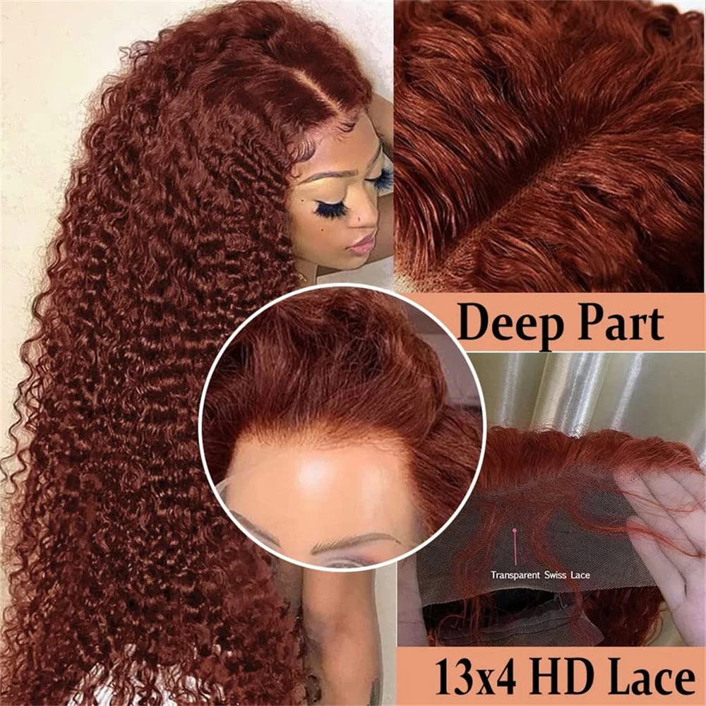 Reddish Brown Deep Wave 13x6 HD Lace Frontal Wig Remy Pre Plucked Colored Water Curly 13x4 Lace Front Human Hair Wigs For Women