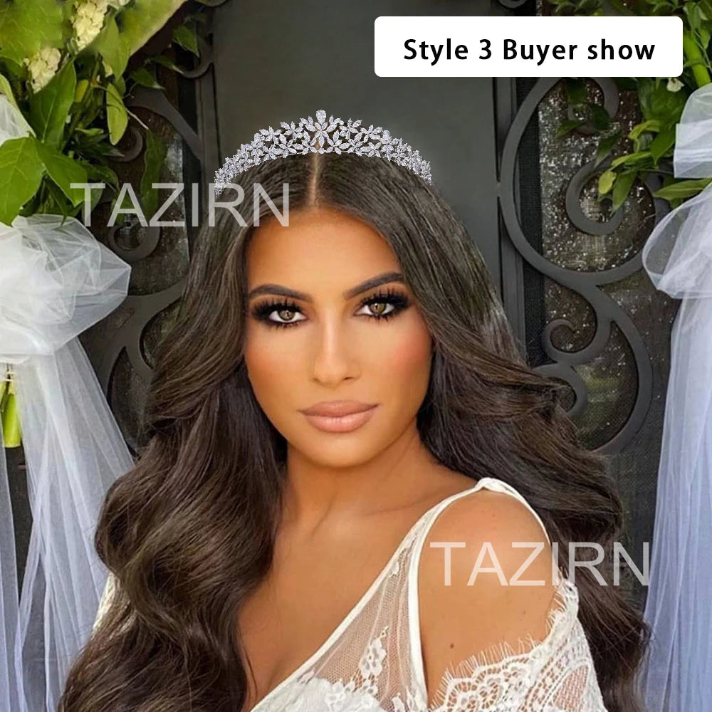 TAZIRN Small Floral Wedding Bride Crowns Cubic Zirconia Tiaras Handmade CZ Bridal Headdress Prom Birthday Party Hair Accessories