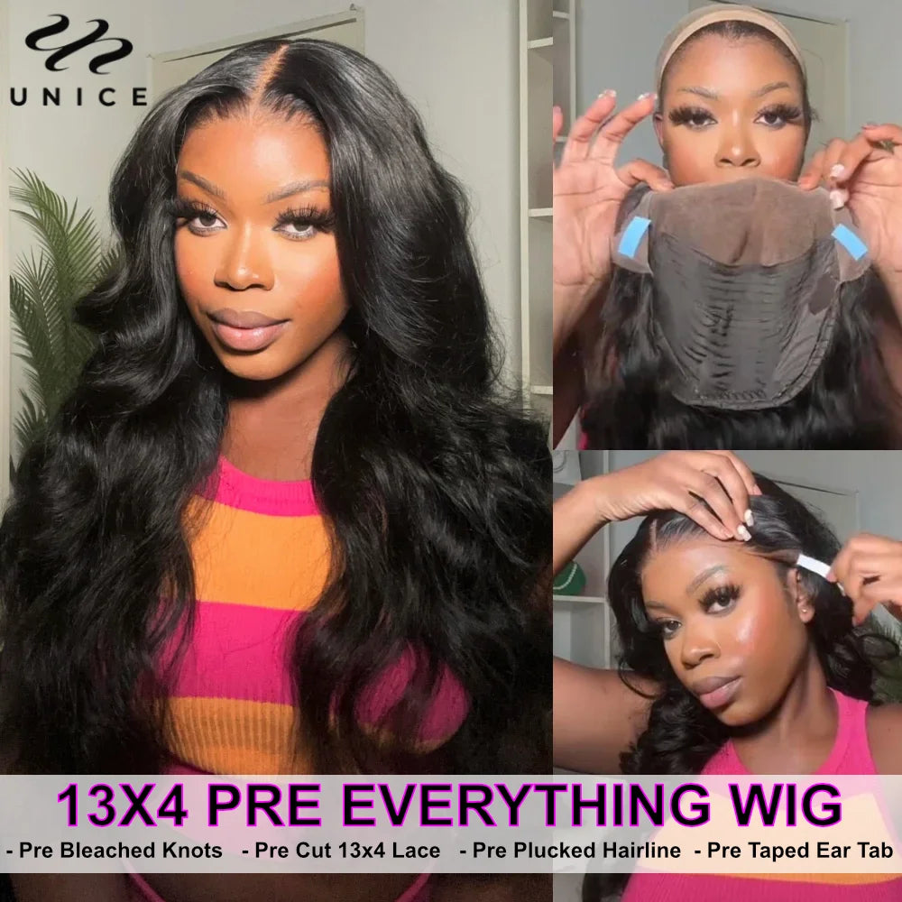 UNice Hair 13x4 13x6 Lace Frontal Wig Pre Cut Pre Bleached Pre Plucked Body Wave Human Hair Lace Wig Ready To Wear 150% Density