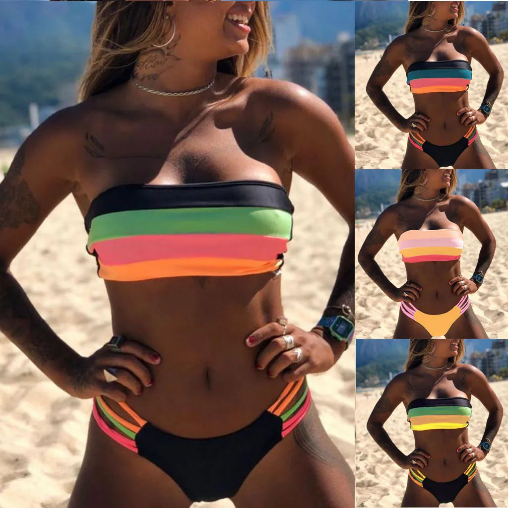 2023 New Bikini Swimsuit Women Swimwear Colored Stripes Bikini Set Push-up Padded Bra Bathing Beachwear Female Brazilian Biquini