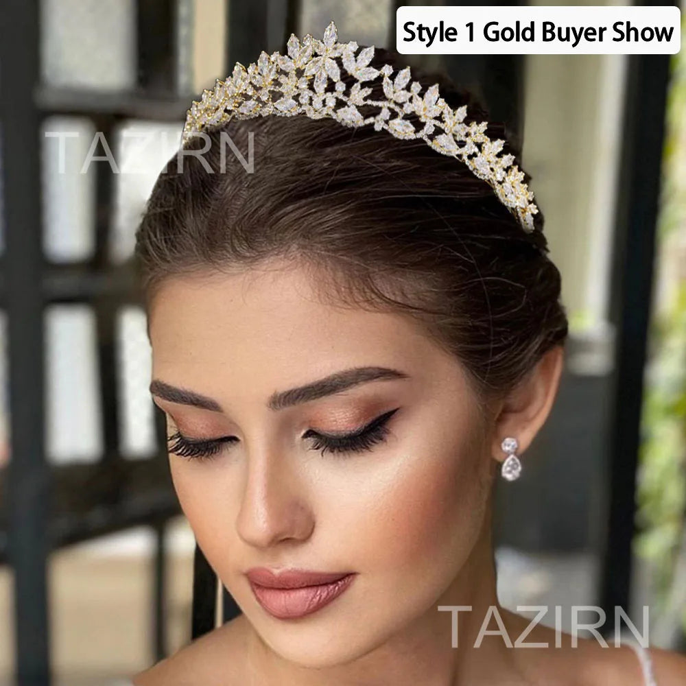 TAZIRN Small Floral Wedding Bride Crowns Cubic Zirconia Tiaras Handmade CZ Bridal Headdress Prom Birthday Party Hair Accessories