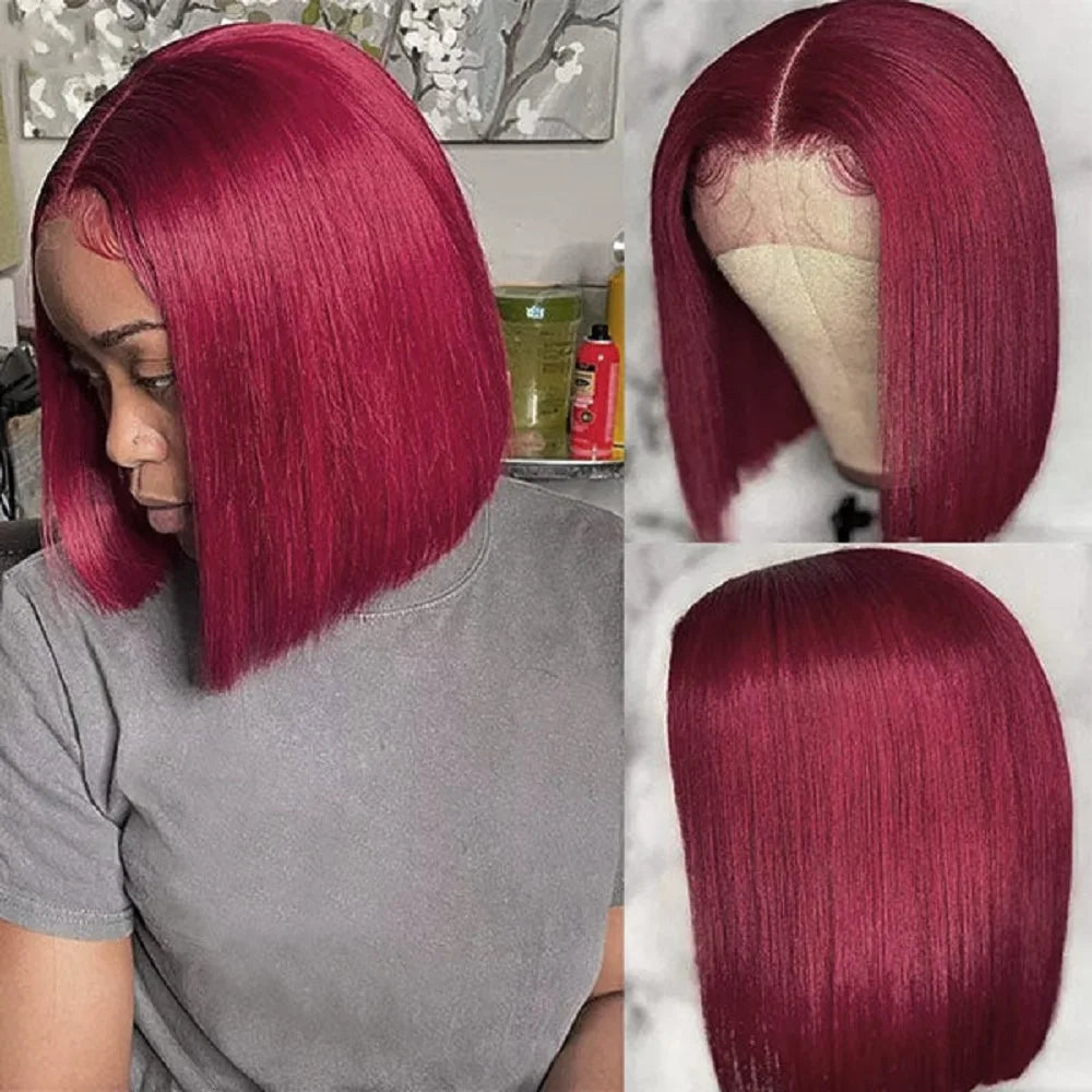 Straight 99J Bob Wig Hd 13x4 Lace Front Human Hair Wig For Women Pre Plucked Glueless 99J Burgundy Colored Bob Wig 10 12 14 Inch