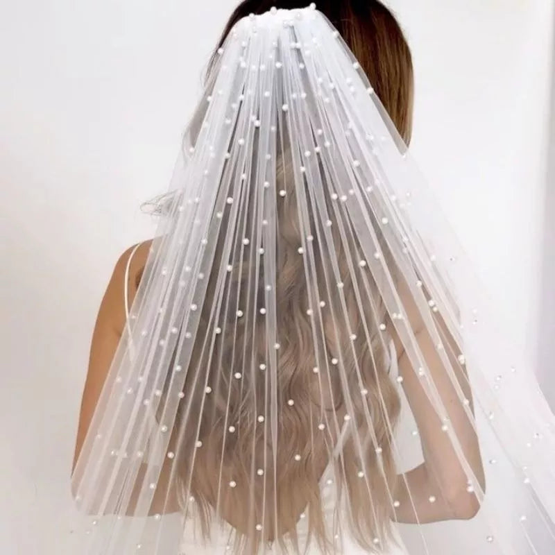 TOPQUEEN V05 Pearls Bridal Veil Soft 1 Tier Beaded Wedding Veil for Bride Cathedral Length with Comb Wedding Accessories