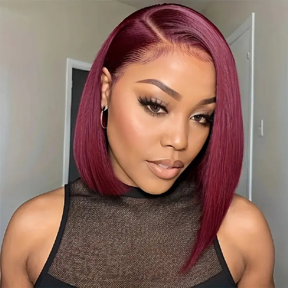 Straight 99J Bob Wig Hd 13x4 Lace Front Human Hair Wig For Women Pre Plucked Glueless 99J Burgundy Colored Bob Wig 10 12 14 Inch