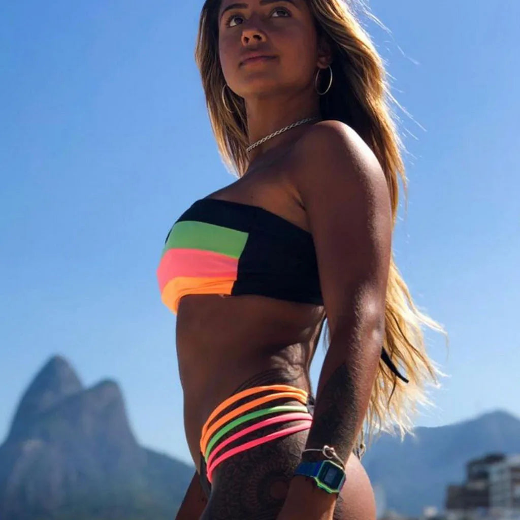 2023 New Bikini Swimsuit Women Swimwear Colored Stripes Bikini Set Push-up Padded Bra Bathing Beachwear Female Brazilian Biquini