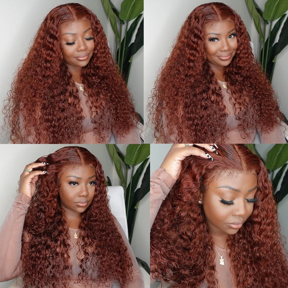 Reddish Brown Deep Wave 13x6 HD Lace Frontal Wig Remy Pre Plucked Colored Water Curly 13x4 Lace Front Human Hair Wigs For Women