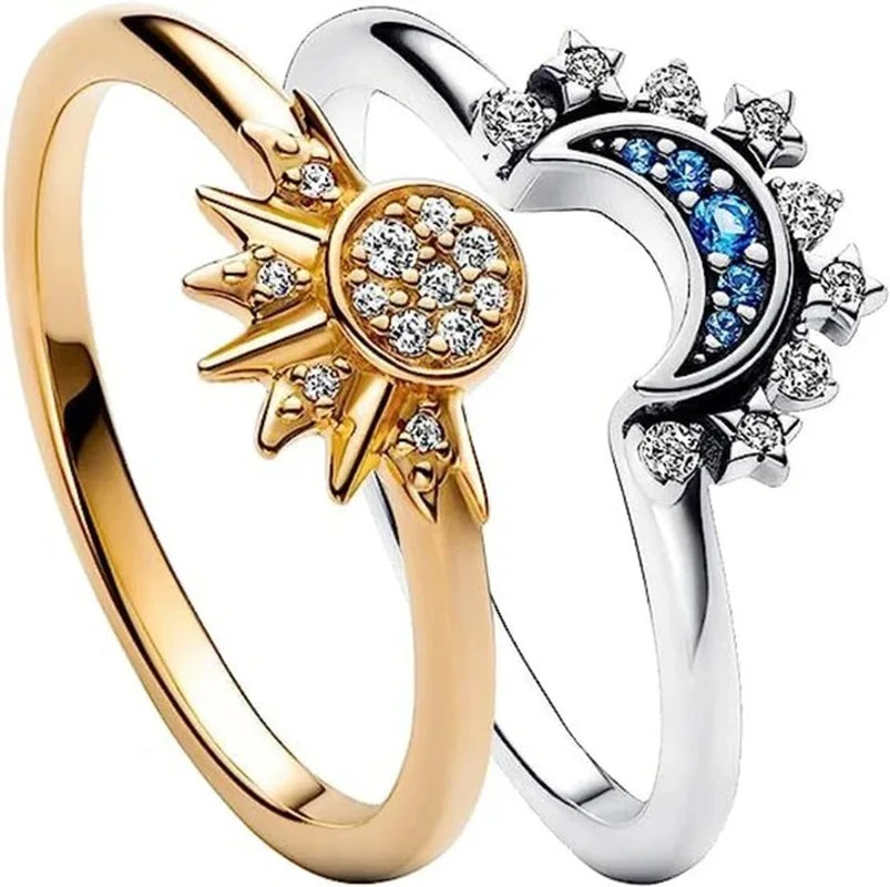 2023 New Couple Ring Set Sky Blue Sparkling Moon and Sun Ring Women'S Stackable Finger Set Engagement Jewelry 2Pc/Set