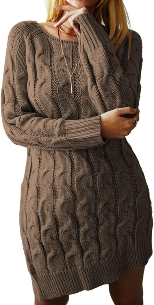 Womens Sweater Dress Ribbed Cable Knit Long Sleeve Sweater Dresses Casual Slim Fit Solid Pullover Knit Mini Dress